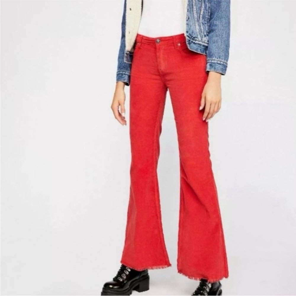 We The Free Red Corduroy Vintage Inspired  Boho Raw Hem Flare Pants Size 31